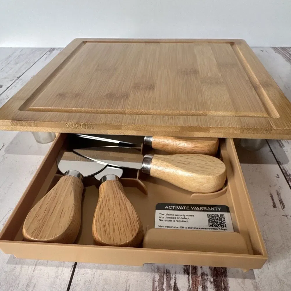 YibidyS Bamboo Cheese Board w/ Drawer Tray & Cheese Tools Set 12in Brown